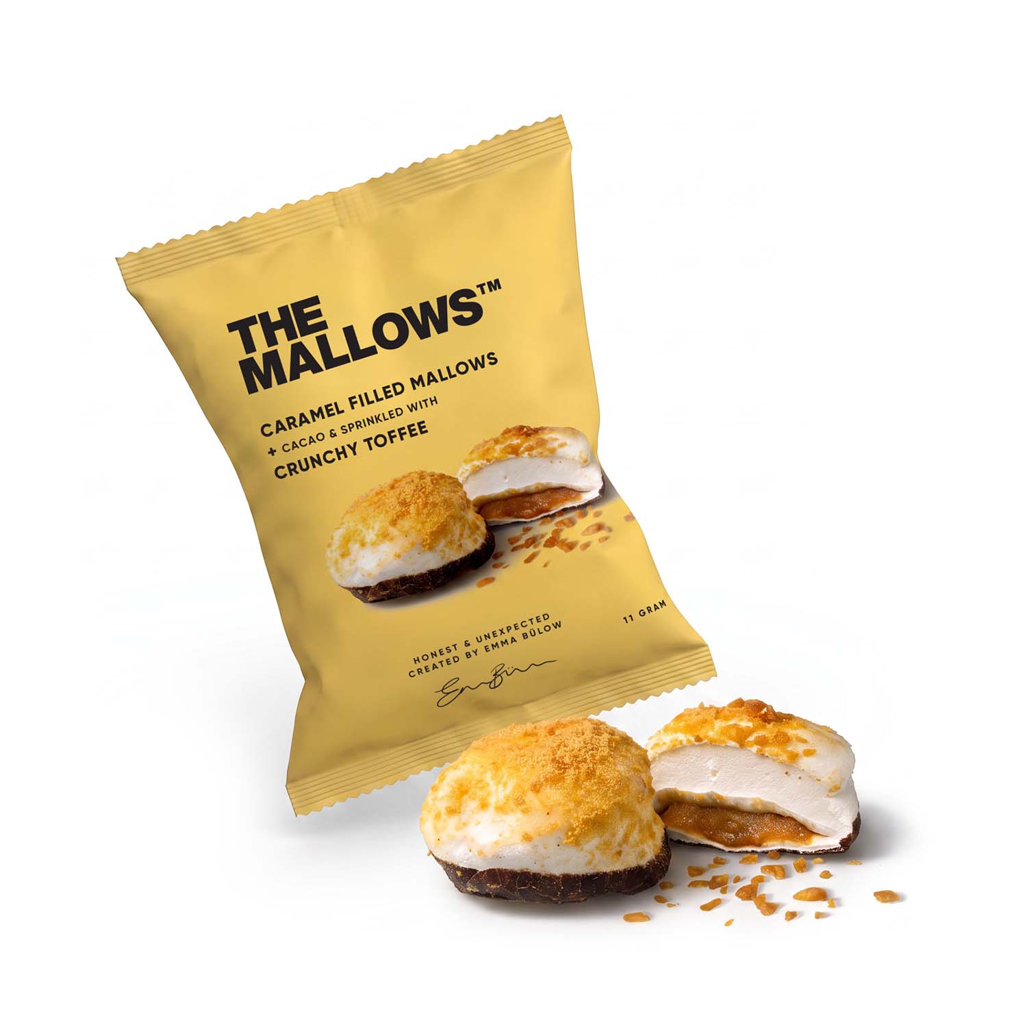 Caramel Filled Mallows-Crunchy Toffee-Flowpack - The Mallows Caramel Filled Marshmallows Crunchy Toffee — enkeltpakket flowpack med karamelfyldte skumfiduser, chokolade og karamel toffee | The Mallows Emma Bülow