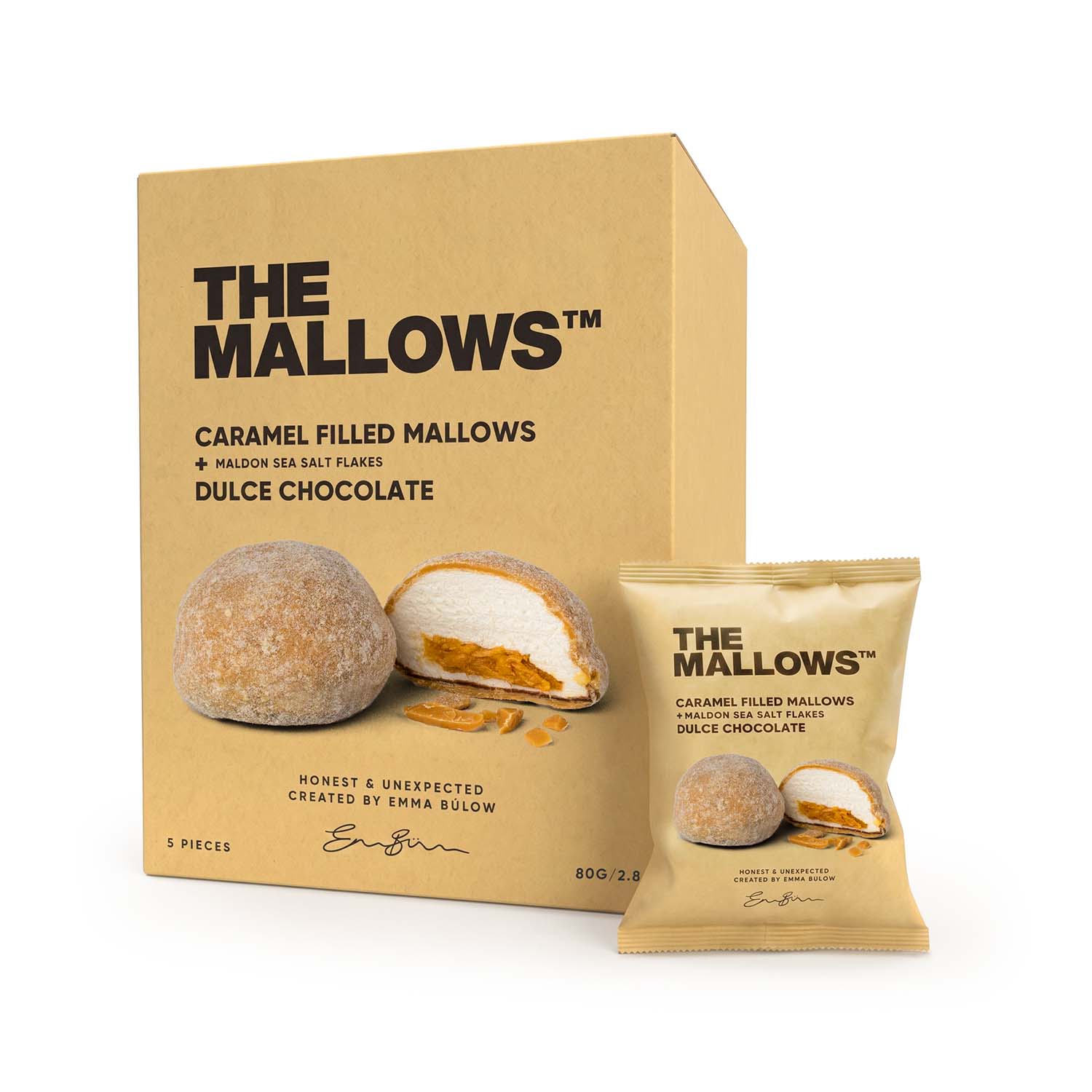 Dulce Chocloate Filled Mallows Choc Flowpack box - The Mallows 1500px Caramel Filled Mallows Belgian Dulce Chocolate The Mallows Marshmallows belgisk chokolade karamel Skumfiduser med karamel fyld The Mallows