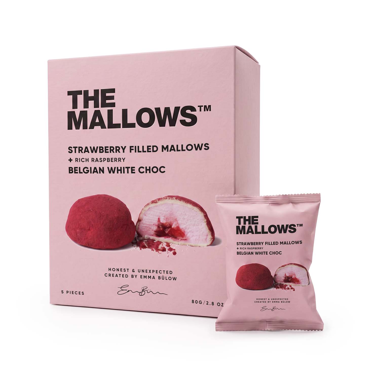 Strawberry Filled Mallows Box White Choc + Raspberry - The Mallows 1500px Strawberry Filled Marshmallows White Chocolate & Rich Raspberry — enkeltpakket flowpack box med jordbærfyldte skumfiduser og hvid belgisk chokolade | The Mallows Emma Bülow