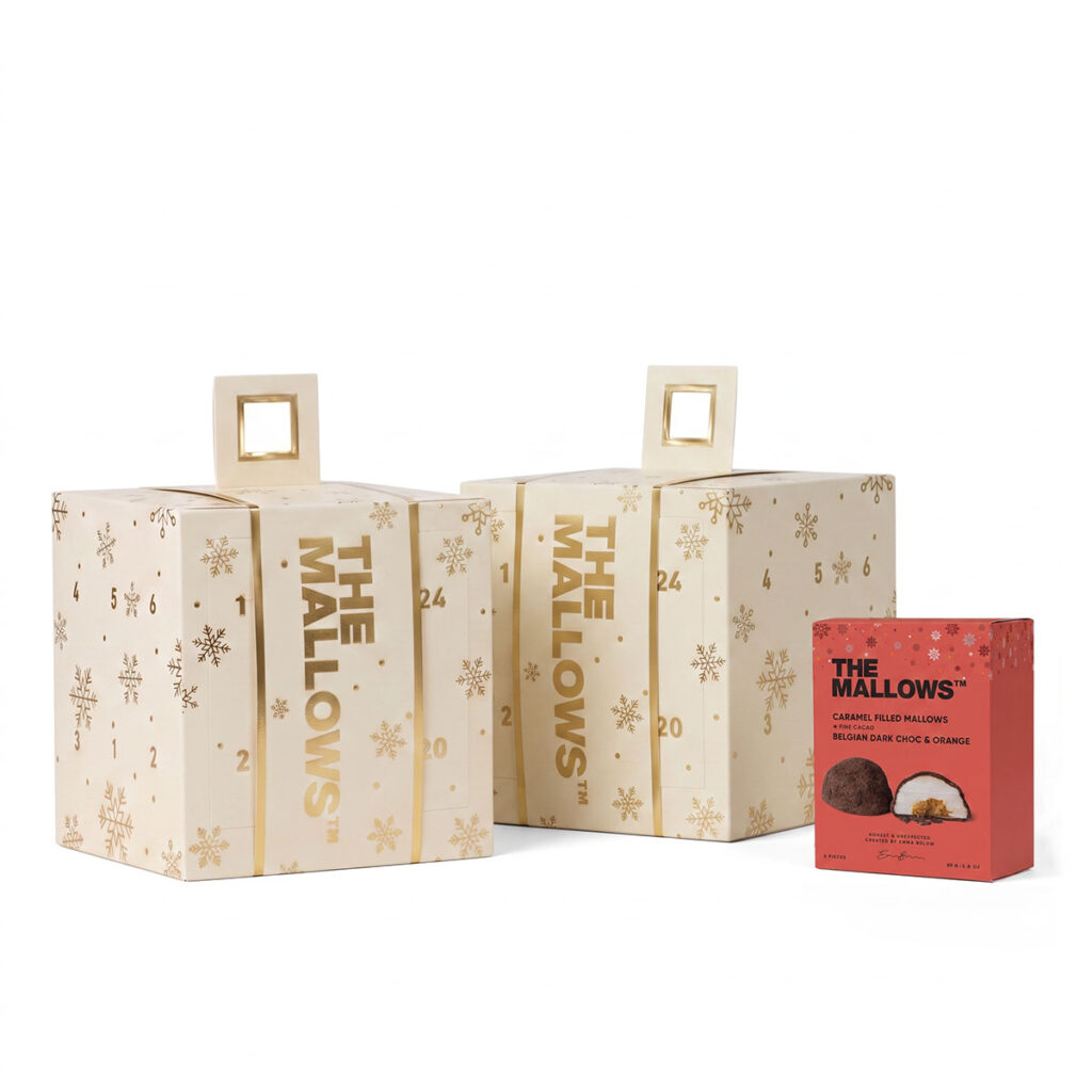 Christmas Calendars 7 Gourmet square christmas calendar 2026 by Emma Bulow, julekalender med gourmet skumfiduser med chokolade, gourmet marshmallows with chocolate early bird kit deal