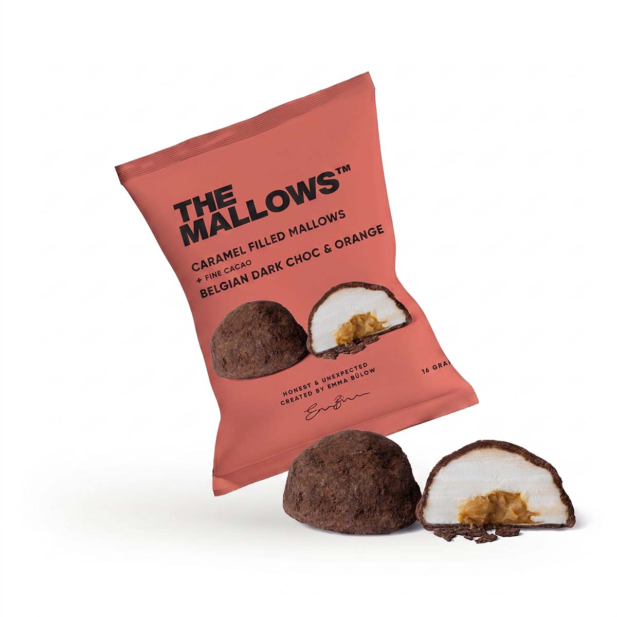 Caramel Filled Mallows + Belgian Dark Choc & Orange Flowpack 1200px Dark Chocolate caramel filled mallows mørk chokolade orange appelsin skumfiduser gourmet marshmallows box