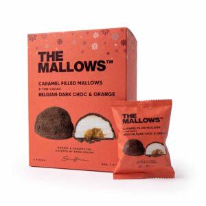 Forside-EN 9 Dark Chocolate caramel filled mallows mørk chokolade orange appelsin skumfiduser gourmet marshmallows box The Mallows