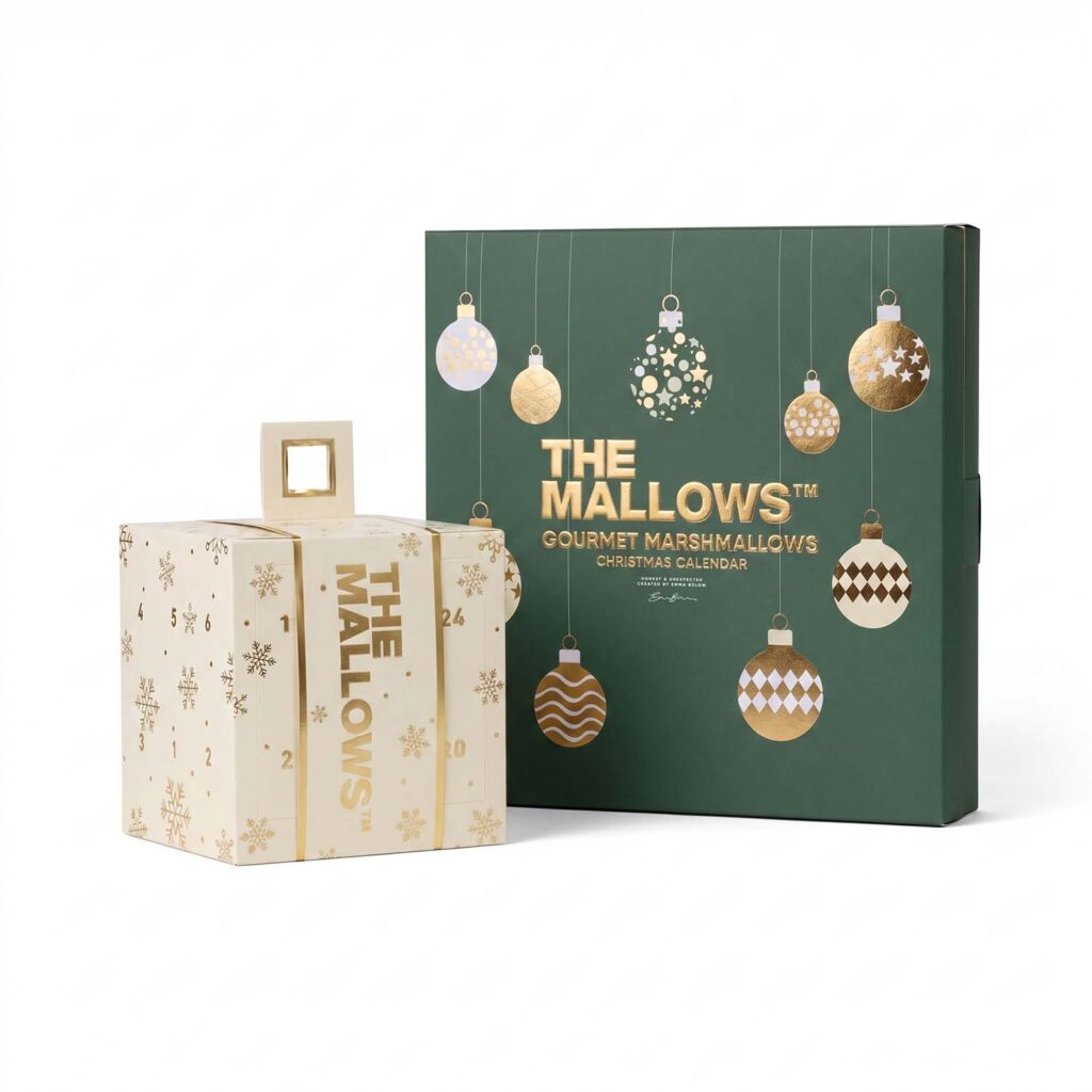 Christmas Calendars 5 The Mallows Classic Gourmet Julekalender 2026 med flowpacks og skumfiduser overtrukket med belgisk chokolade – Mixed Caramel Filled med karamelfyld, klassiske marshmallows og chocolate coated mallows til børn og voksne, mænd og kvinder