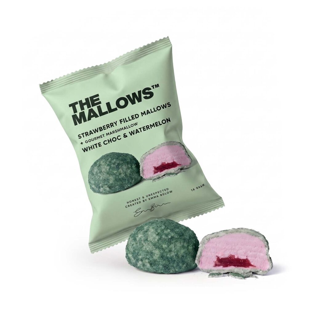 Flowpacks - Single-packed Marshmallows 19 Strawberry Filled Marshmallows White Chocolate & Watermelon — enkeltpakket flowpack med jordbærfyldte skumfiduser og hvid belgisk chokolade | The Mallows Emma Bülow