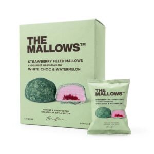 Forside-EN 11 Strawberry Filled Mallows Box White Choc + watermelon Mallows Jordbærfyldte skumfiduser hvid chokolade vandmelon marshmallows Emma Bülow The Mallows