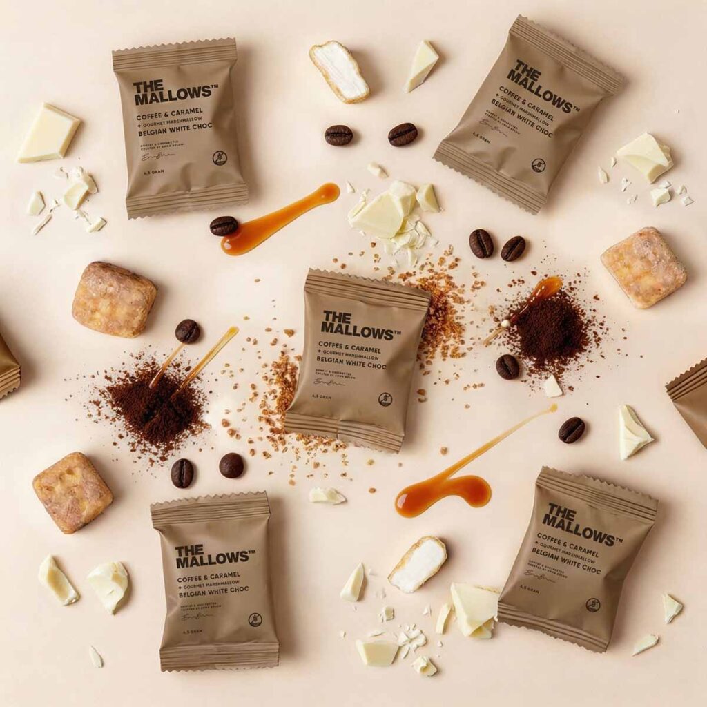 The Mallows enkeltpakkede Flowpacks Økologiske skumfiduser Coffee Caramel hvid chokolade, karamel kaffe mocca enkeltpakket gourmet flowpacks organic marshmallows fra Emma Bülow dansk slik for voksne