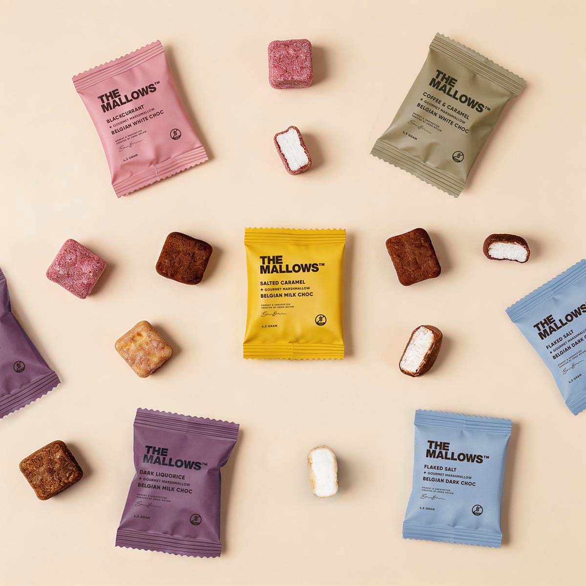 The Mallows Choc Flowpacks Mix skumfiduser med chokolade enkeltpakkede chocolate chokolade mix Mallows box firmagave skumfiduser