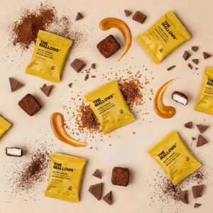 The Mallows skumfiduser Salted Caramel og maldonsalt stor med mælkechokolade, karamel og salt enkeltpakket belgisk chokolade firmaslik flowpacks marshmallows Emma Bülow dansk slik for voksne