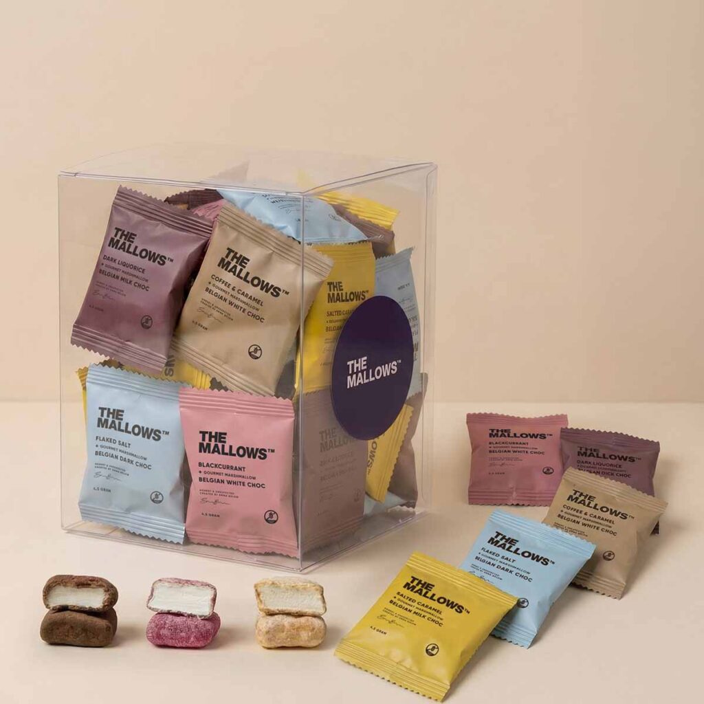 The Mallows Choc Flowpacks Mix skumfiduser med chokolade enkeltpakkede chocolate chokolade mix Mallows box firmagave skumfiduser