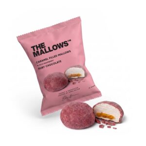 Caramel Filled Marshmallows Belgian Ruby Chocolate — enkeltpakket flowpack med karamelfyldte skumfiduser og belgisk ruby chokolade | The Mallows Emma Bülow