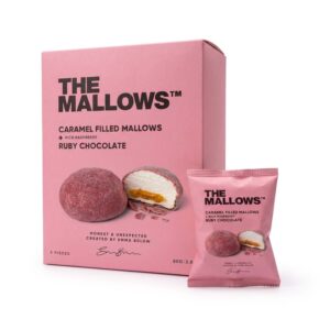 Caramel Filled Mallows Belgisk Ruby chokolade The Mallows Marshmallows Belgian chocolate karamel-Skumfiduser med karamel fyld The Mallows