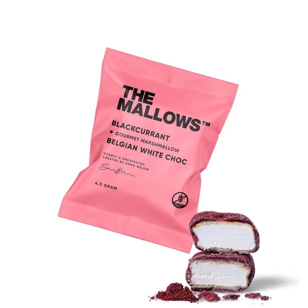 The Mallows skumfiduser blackcurrant solbær med hvid belgisk chokolade enkeltpakket belgian chocolate firmaslik flowpacks gourmet marshmallows Emma Bülow