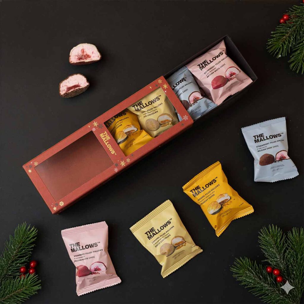 strawberry caramel filled gourmet skumfiduser mallows marshmallows gaveæske vinter jul limited b2b personalegave private label glutenfri christmas