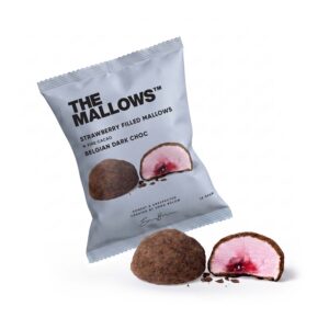 Strawberry Filled Marshmallows Dark Chocolate & Fine Cacao — enkeltpakket flowpack med jordbærfyldte skumfiduser og mørk belgisk chokolade | The Mallows Emma Bülow