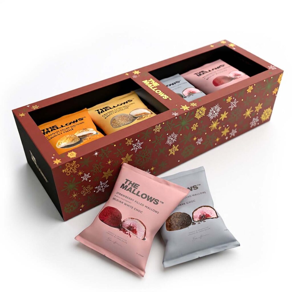 strawberry caramel filled gourmet skumfiduser mallows marshmallows gaveæske vinter jul limited b2b personalegave private label glutenfri christmas