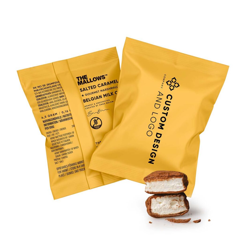 Private label Flowpack custom logo and design salted caramel chokolade chocolate marshmallows gourmet skumfiduser eget logo premium emma bülow lakrids