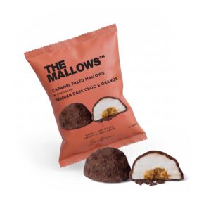 Caramel Filled Marshmallows Dark Chocolate & Orange — enkeltpakket flowpack med karamelfyldte skumfiduser, mørk belgisk chokolade og appelsin | The Mallows