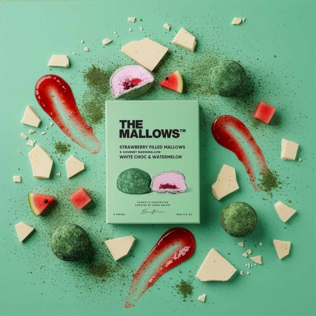 Strawberry Filled Mallows Box White Choc + watermelon Mallows Jordbærfyldte skumfiduser hvid chokolade vandmelon marshmallows Emma Bülow